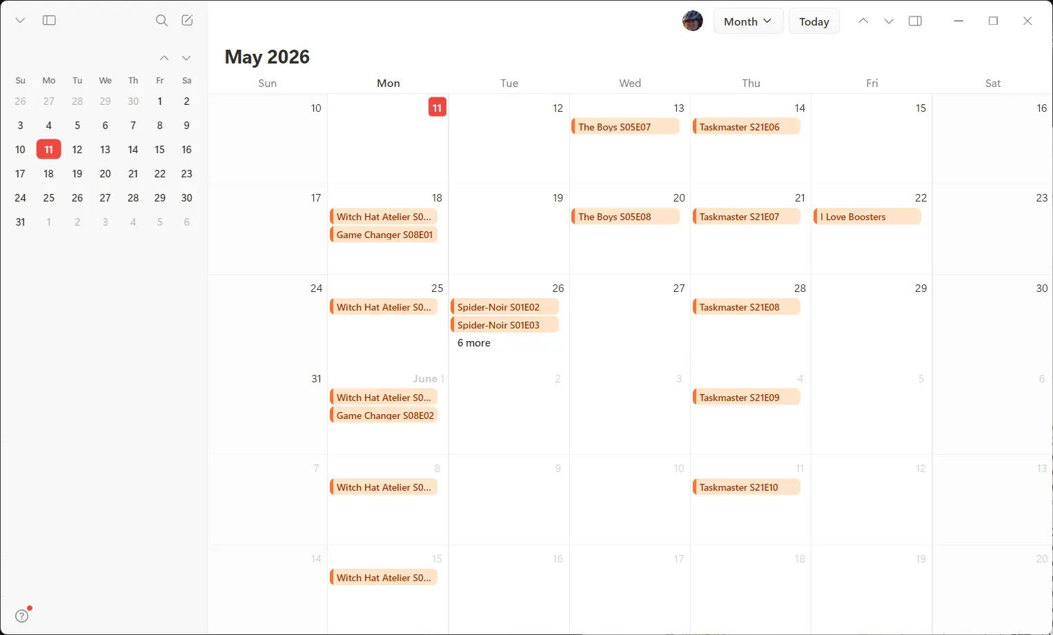 A calendar app showing Trakt watchlist events populated from the feed