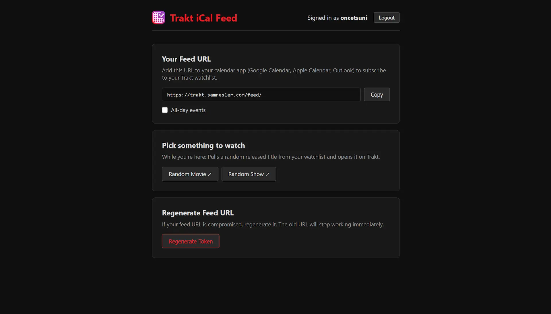 The Trakt iCal dashboard showing the user's personal feed URL